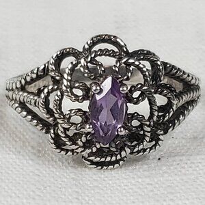 NEVADA 925 Silver Vintage Real Marquise-Cut Amethyst Floral Ring Sz 24mm US 11